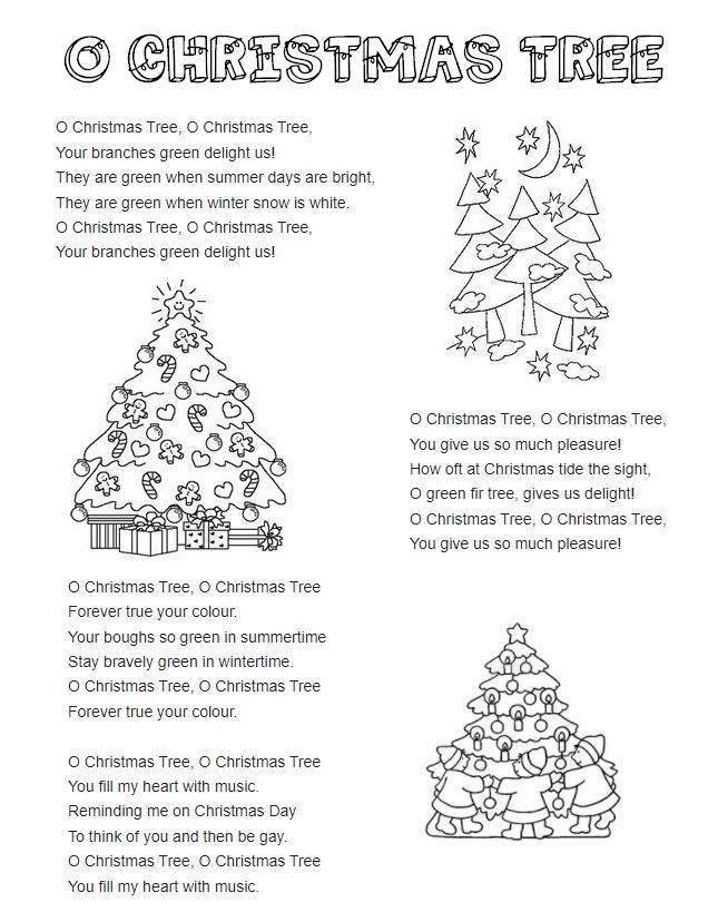 Kleurplaat Songteksten in Engels: O Christmas Tree