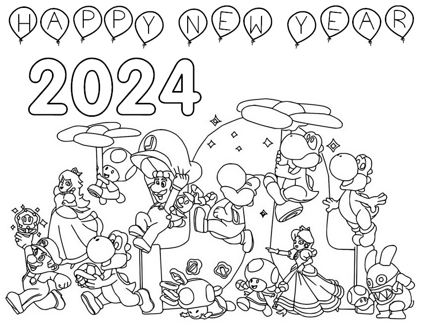 Desenho para colorir Feliz Ano Novo 2024