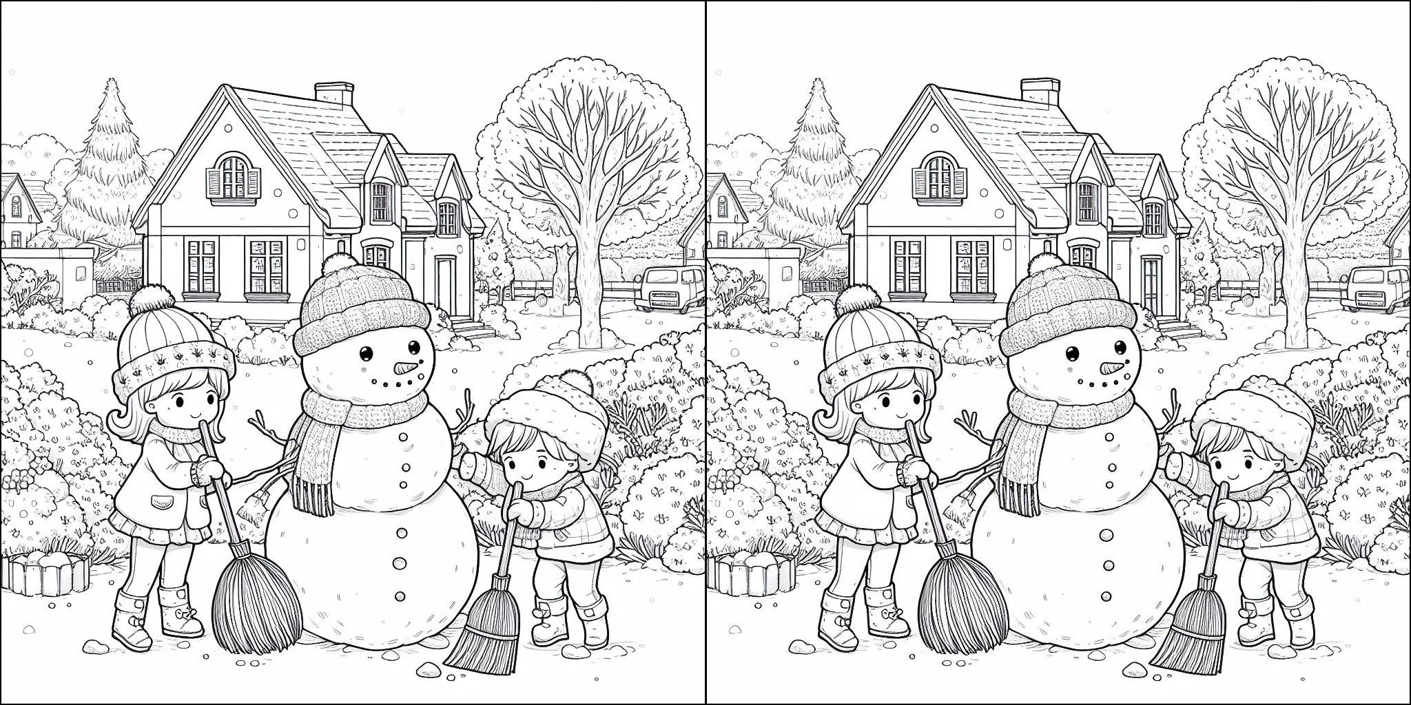 Kleurplaat Sneeuwpop en kinderen