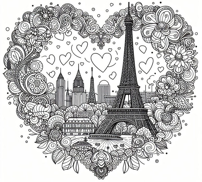 Coloriage Tour Eiffel dans un cœur