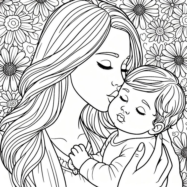 Coloriage Une maman embrassant son enfant
