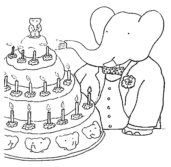 Coloriage Babar et son gâteau d'anniversaire