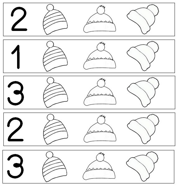 Coloriage Numération 1 à 3: Bonnets
