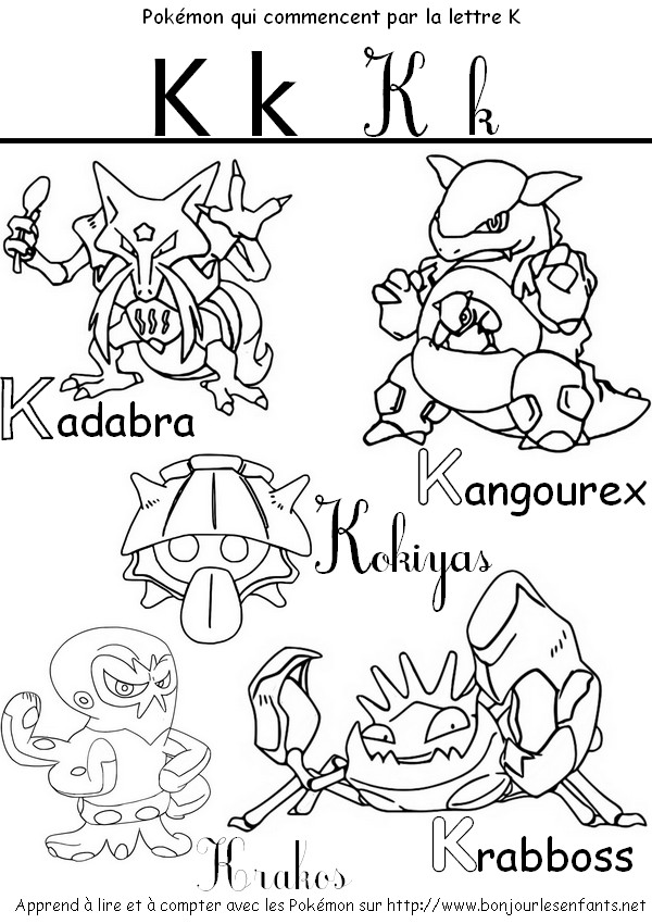 Coloriage Les Pokémon qui commencent par K: Kadabra, Kangourex, Krakos... - J'apprends les lettres de l'alphabet avec les Pokémon