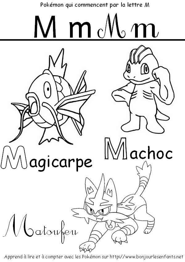Coloriage Les Pokémon qui commencent par M: Magicarpe, Machoc, Matoufeu - J'apprends les lettres de l'alphabet avec les Pokémon