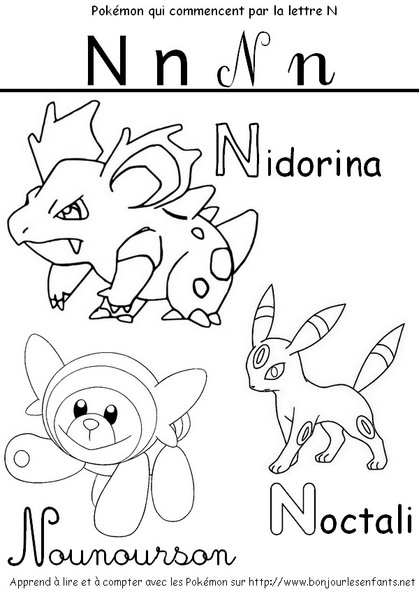 Coloriage Les Pokémon qui commencent par N: Nidorina, Nounourson, Noctali - J'apprends les lettres de l'alphabet avec les Pokémon
