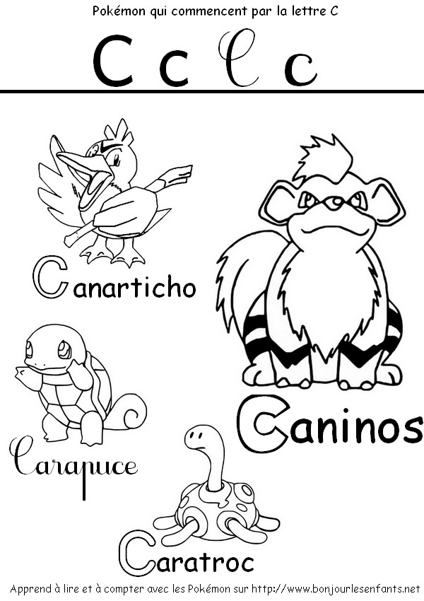 Coloriage Les Pokémon qui commencent par C: Canarticho, Carapuce, Caninos,... - J'apprends les lettres de l'alphabet avec les Pokémon
