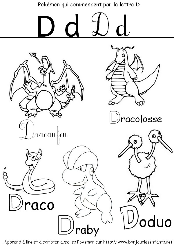 Coloriage Les Pokémon qui commencent par D: Dracaufeu, Dracolosse, Draco, Draby,... - J'apprends les lettres de l'alphabet avec les Pokémon