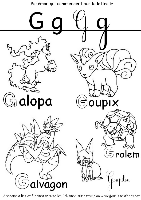 Coloriage Les Pokémon qui commencent par G: Galopa, Goupix, Grolem... - J'apprends les lettres de l'alphabet avec les Pokémon