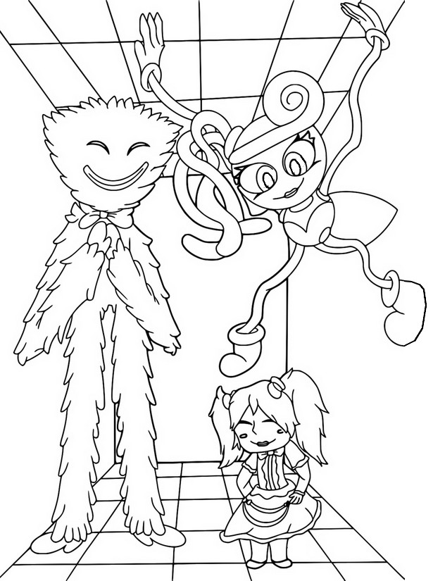 Coloriage Huggy Wuggy & Poppy & Mommy Long Legs - Poppy Playtime