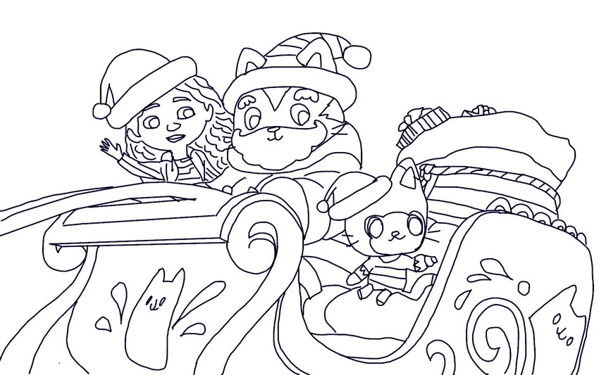 Desenho para colorir Treno do gato do Papai Noel