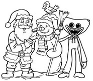 Coloriage Huggy Wuggy, bonhomme de neige et le Père Noël