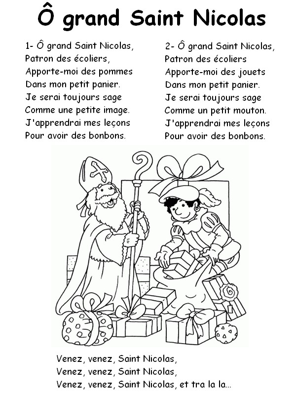 Coloriage En français: Ô grand Saint Nicolas - Chansons Saint-Nicolas