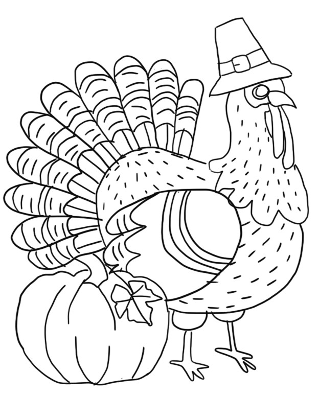 Coloriage Dinde avec un chapeau - Thanksgiving
