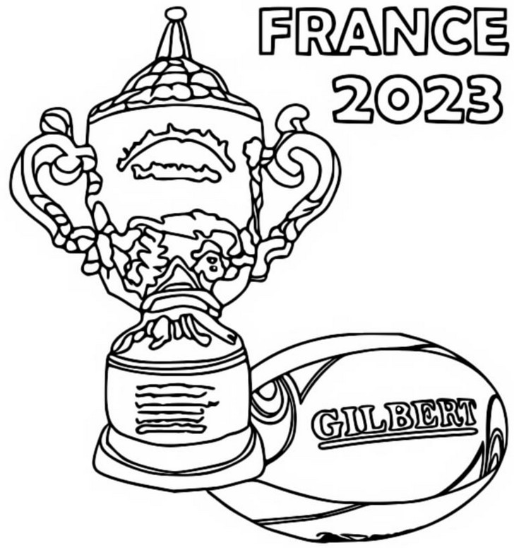 Coloriage Trophée et ballon de rugby - Coupe du Monde de Rugby France 2023