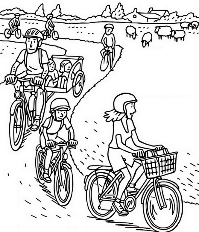 Coloriage Promenade à vélo en famille