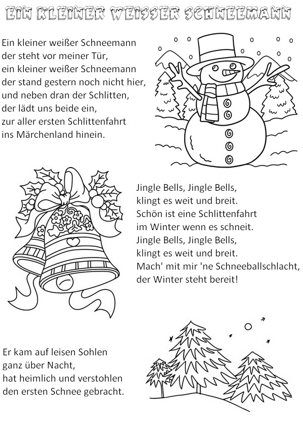 Coloring page In German: Ein Kleiner weisser Schneemann