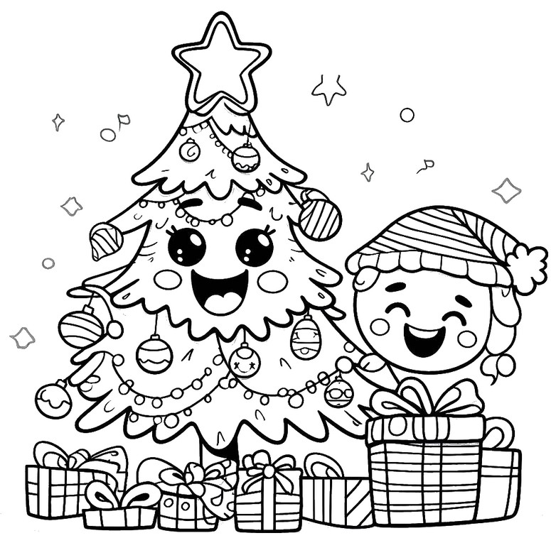 Kleurplaat Grappige en glimlachende kerstboom