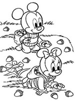 Coloriage Les bébés Mickey et Minnie ramassent des glands