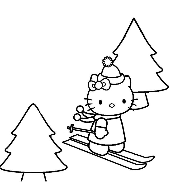 Coloriage Hello Kitty fait du ski - Sports d'hiver