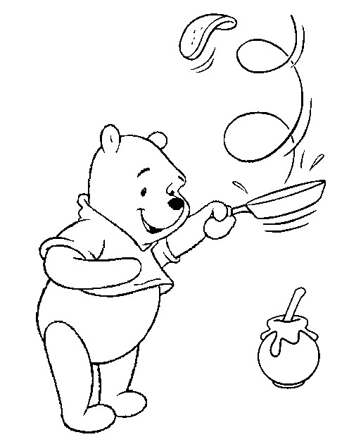 Coloriage Winnie l'ourson mange des crêpes au miel
