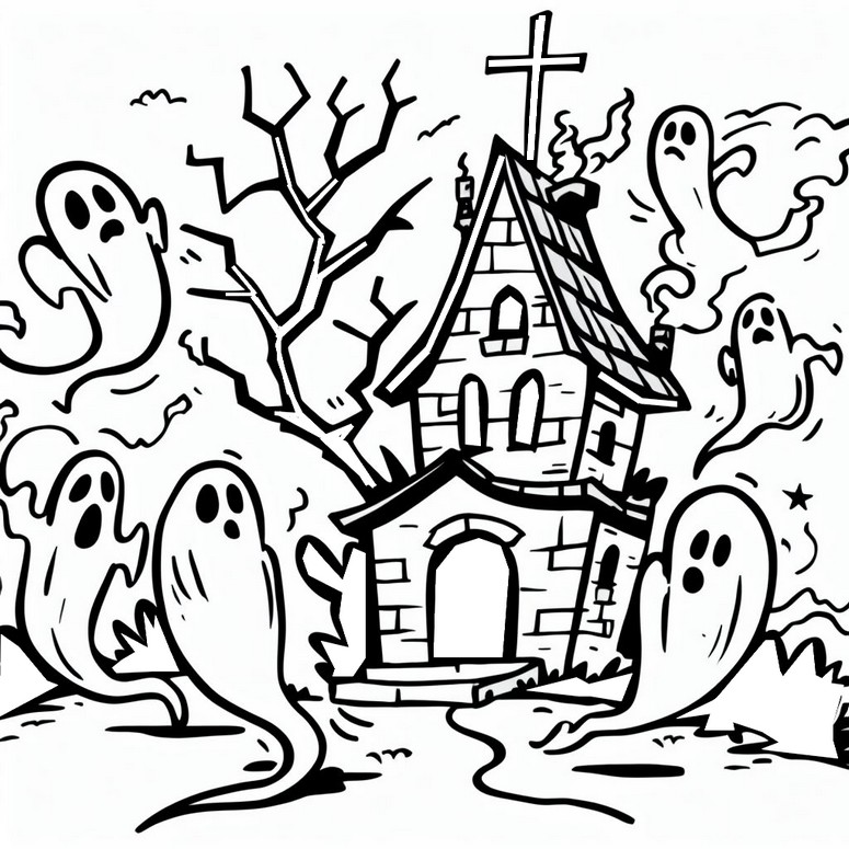 Dibujo para colorear La casa embrujada y los fantasmas