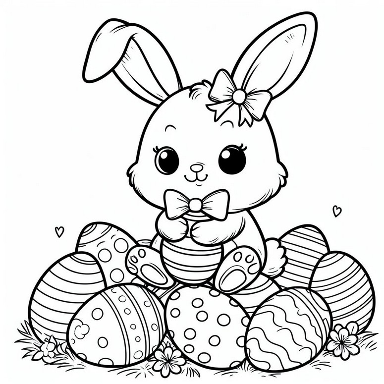 Dibujo para colorear Conejo sentado en huevos