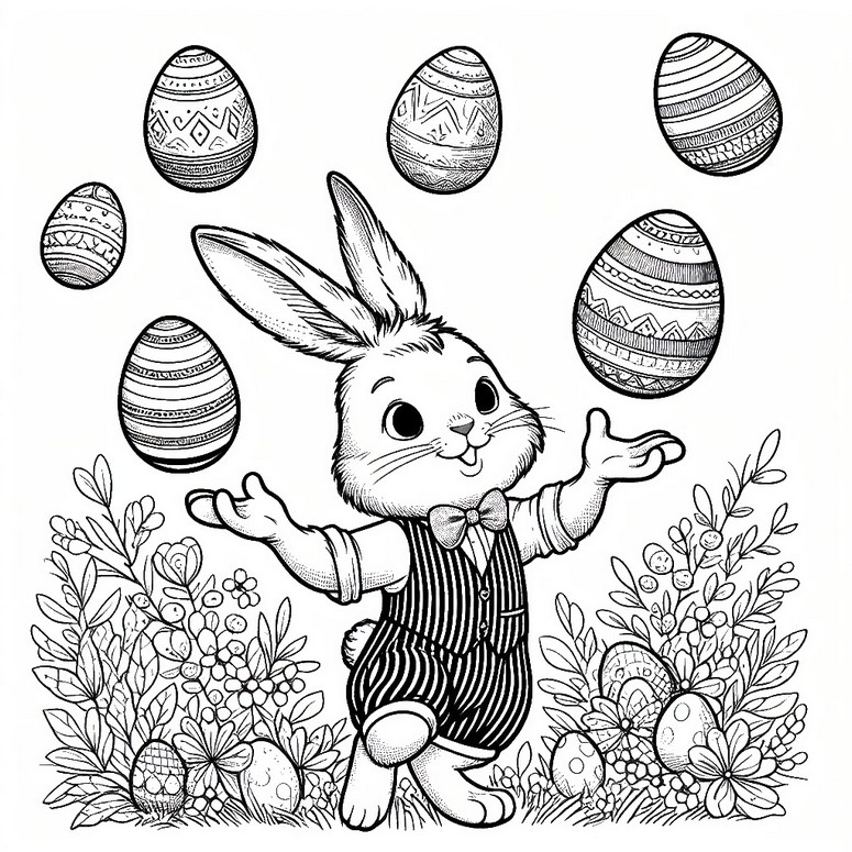 Dibujo para colorear Un conejo haciendo malabares con huevos