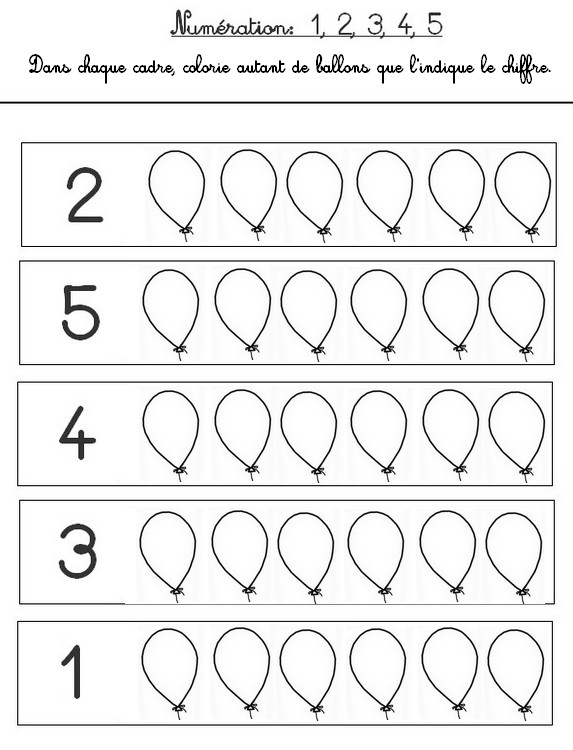 Numération: colorie de 1 à 5 ballons - Activites maternelle Carnaval