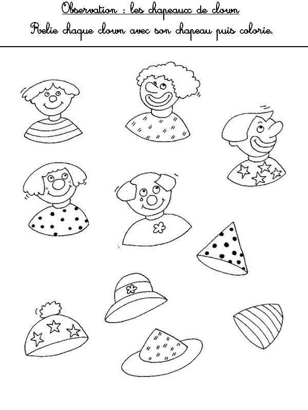 Observation: relie chaque clown avec son chapeau - Activites maternelle Carnaval