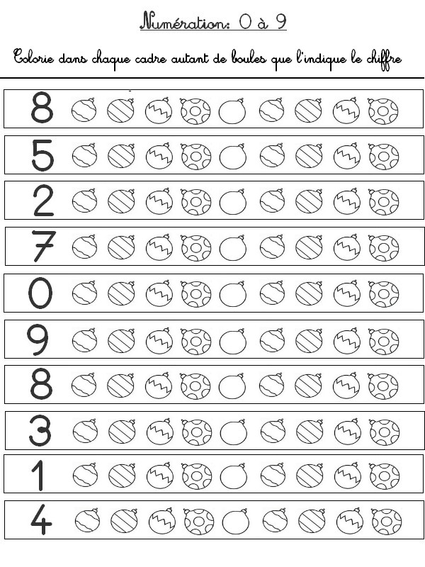 Numération 0 à 9 Les boules de Noël - Activites maternelle Noel