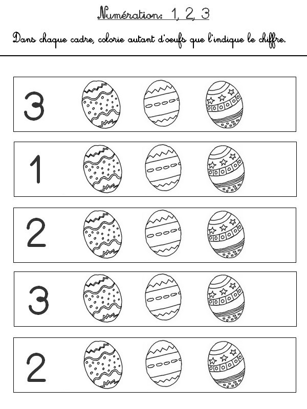 Numération<br />1 à 3 oeufs de Pâques - Activites maternelle Paques