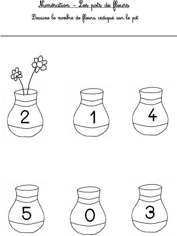 Numération : dessine le nombre de fleurs indiqué sur le pot - Activites maternelle Printemps