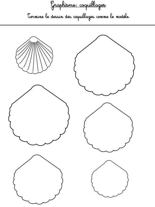 Complète le dessin des coquillages avec des traits - Activites maternelle Ete