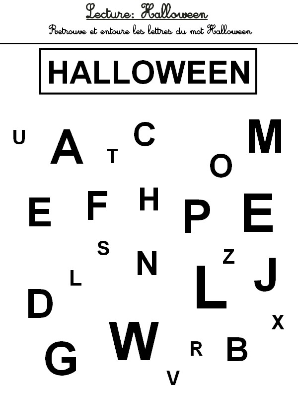 Lecture: retrouve les lettres du mot HALLOWEN - Activites maternelle Halloween