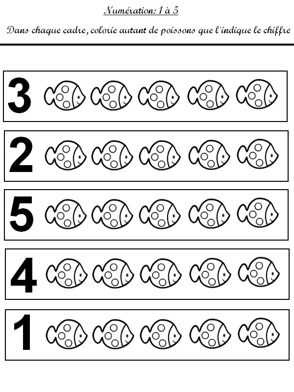 Jeu à imprimer Activites maternelle Poissons : Numération: 1 à 5 4