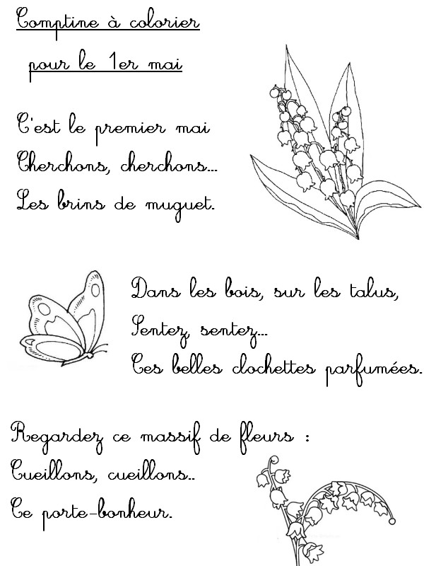 Comptine à colorier pour le 1er mai - Activites maternelle Muguet 1er mai