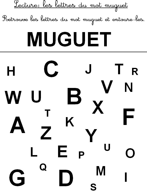 Lecture: retrouve les lettres du mots muguet - Activites maternelle Muguet 1er mai