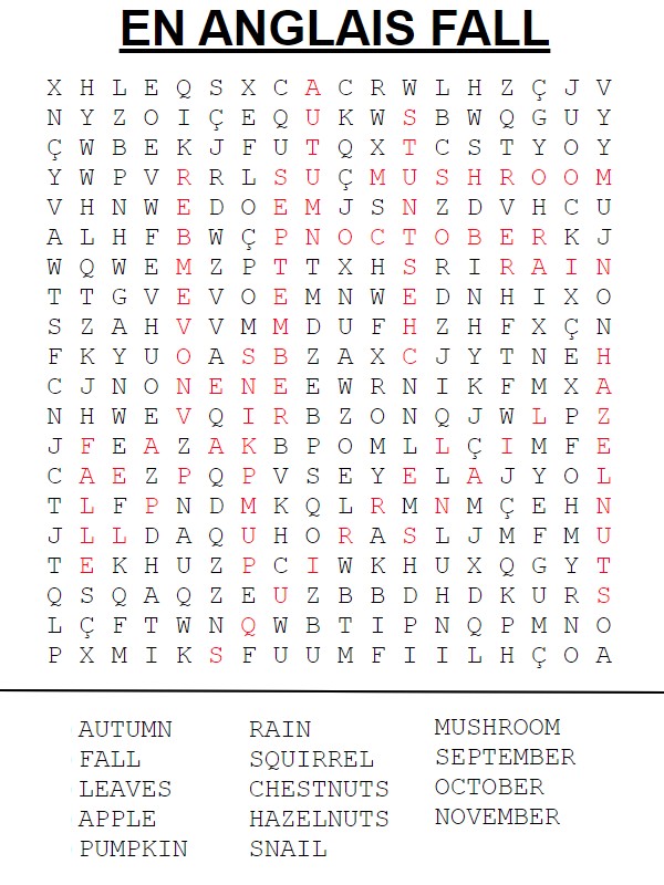 SOLUTION - En anglais - Mots masques Automne