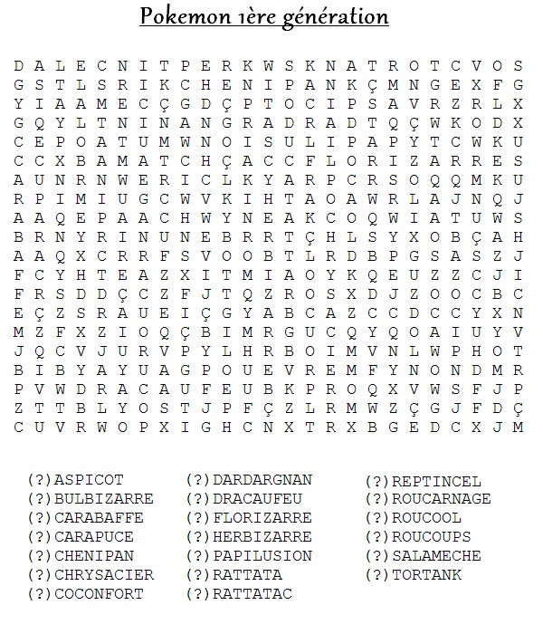 Pokemon 1ère génération - 20 mots - Mots masques Pokemon